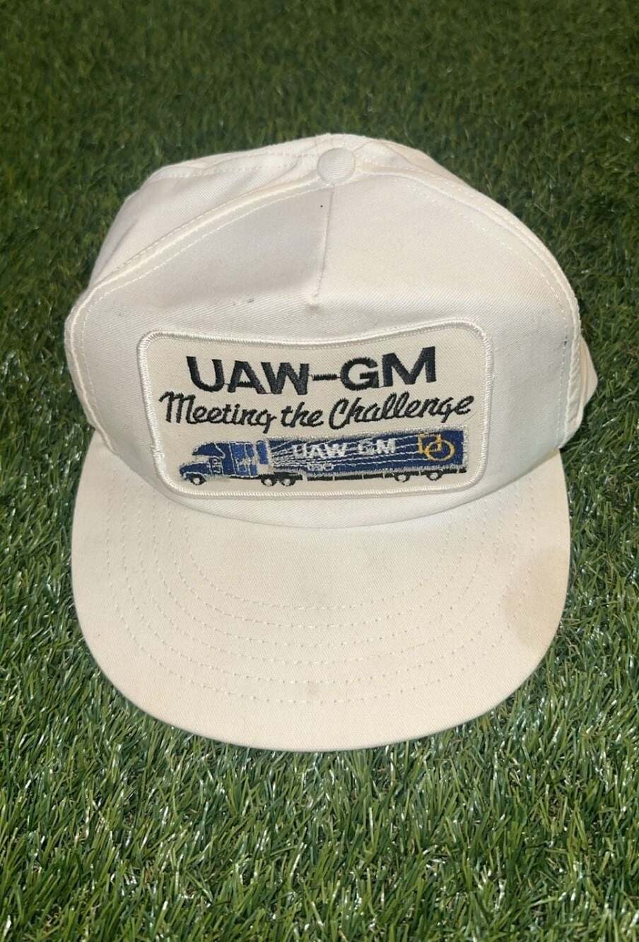 Vintage UAW-GM Meeting the Challenge Trucker Hat White Strapback Cap